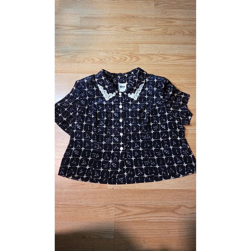 Leslie Fay Black White Grid Floral Lace Trim Button Up Blouse 20WP Vintage Style